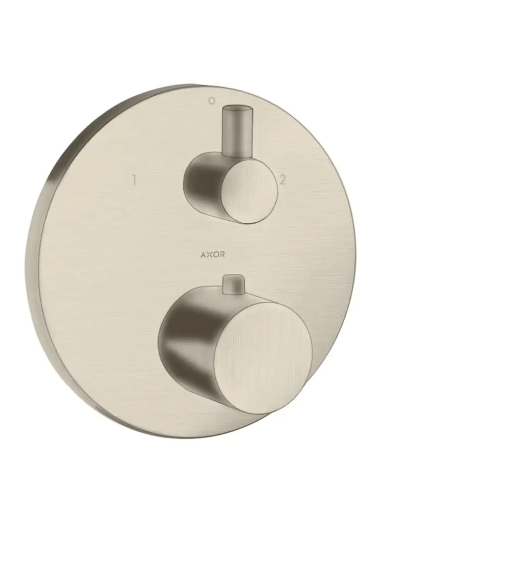 Thermostat mit zwei Reglern in gebürstetem Nickel-Finish, montiert auf einer runden Wandplatte. Aufschrift "AXOR" sichtbar.